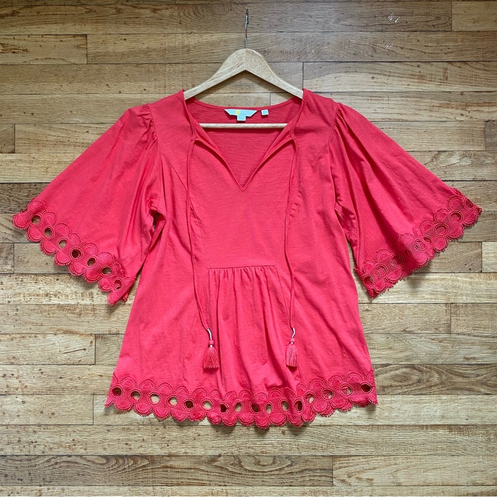 Boden | 'Ayla' Red Elbow Bell Sleeve Lace Trim 100% Cotton Flowy Top w Tassels
